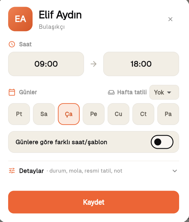 Vardiya atama kartı — saat, hafta tatili, günlük şablon