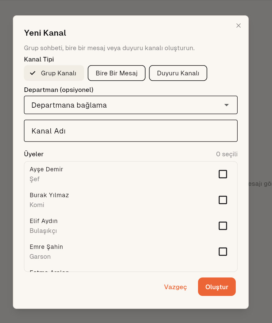 Yeni kanal oluşturma — tip, departman ve üye seçimi